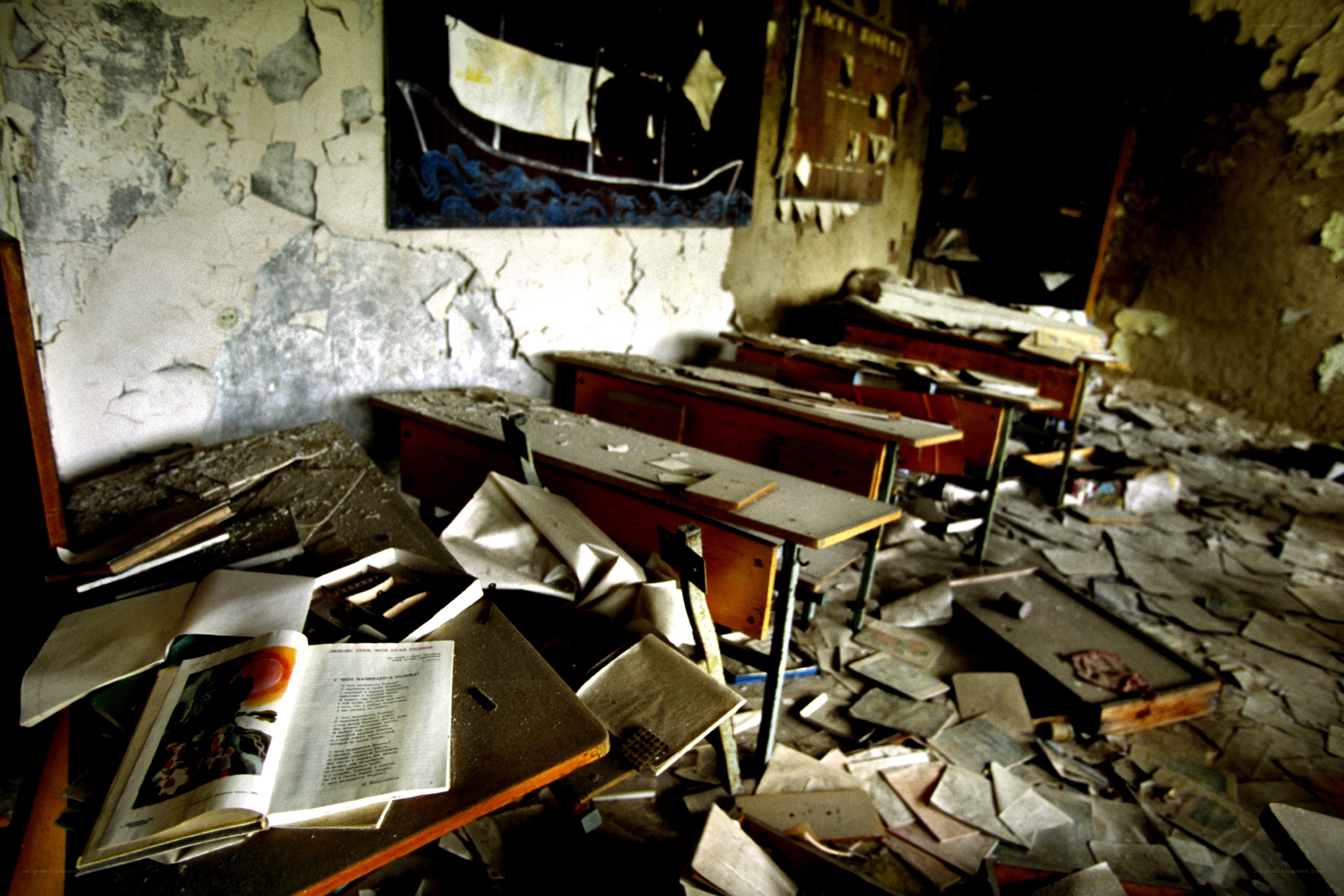 Abandoned classroom in ruins