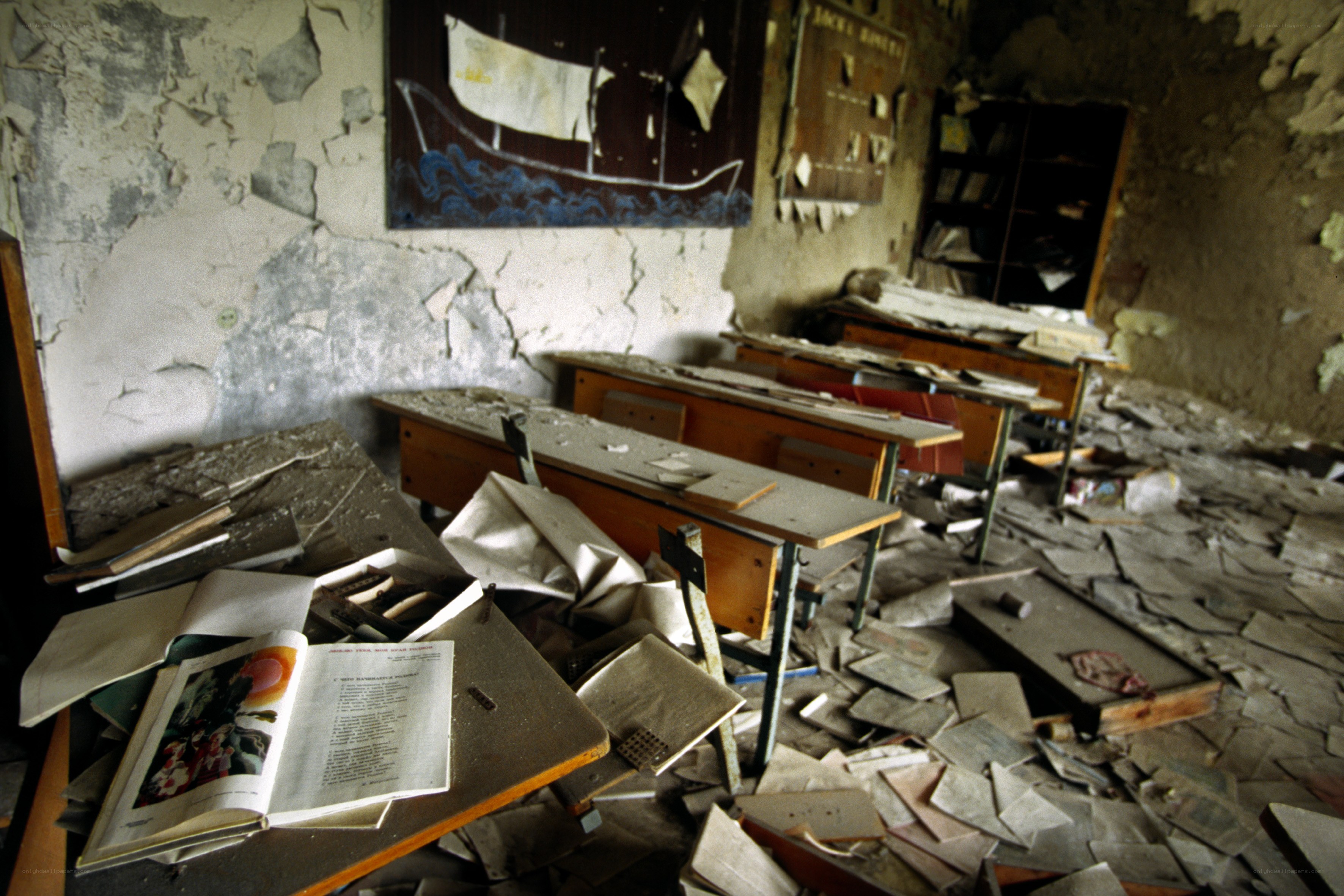 Abandoned classroom in ruins