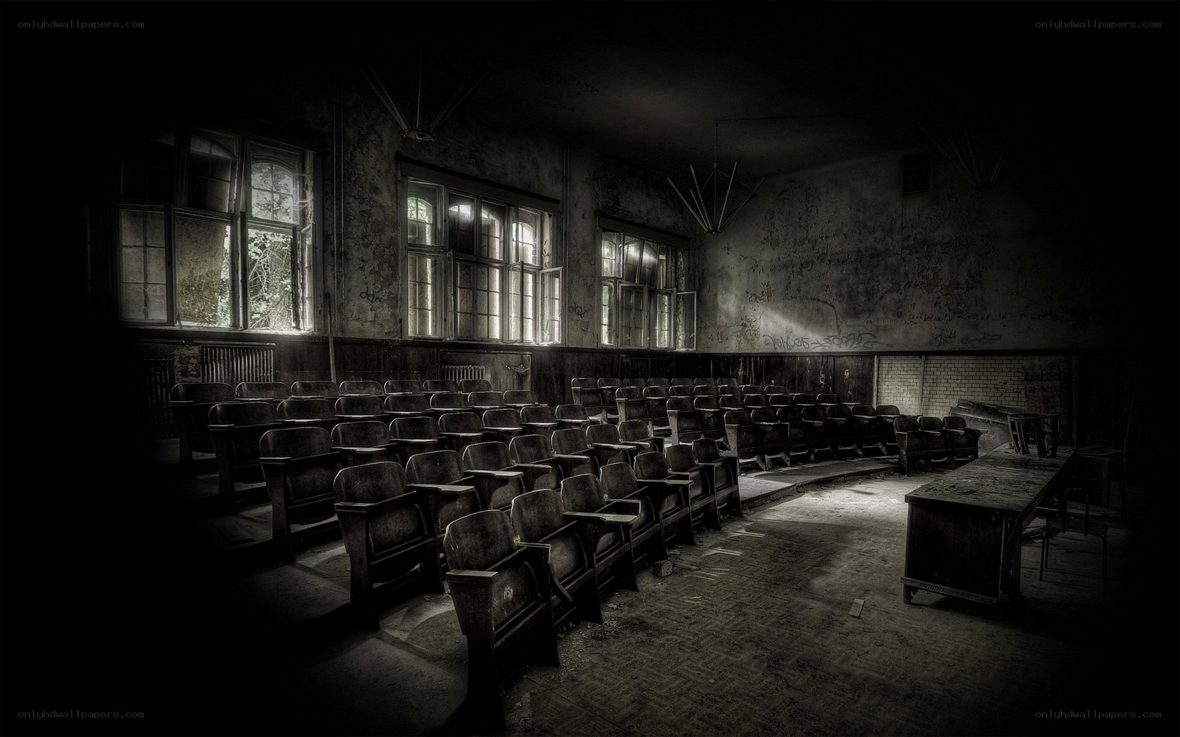 abandoned classroom interior