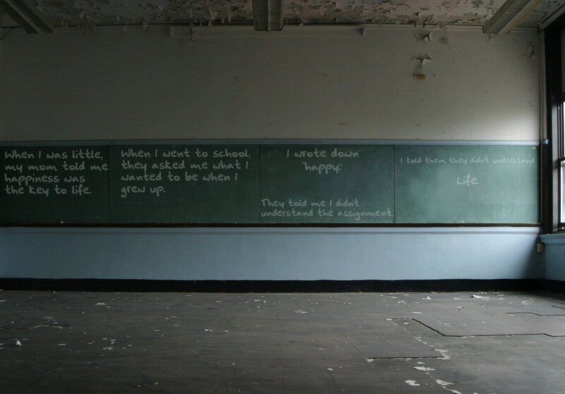 Abandoned classroom with chalkboard