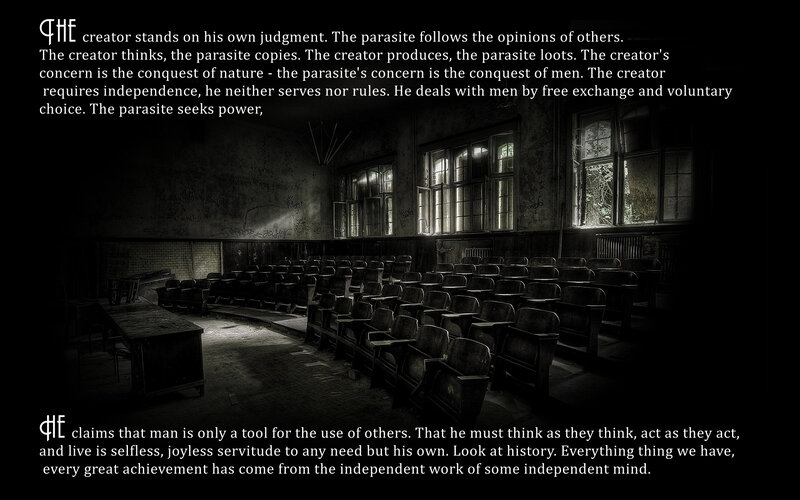 abandoned classroom with text