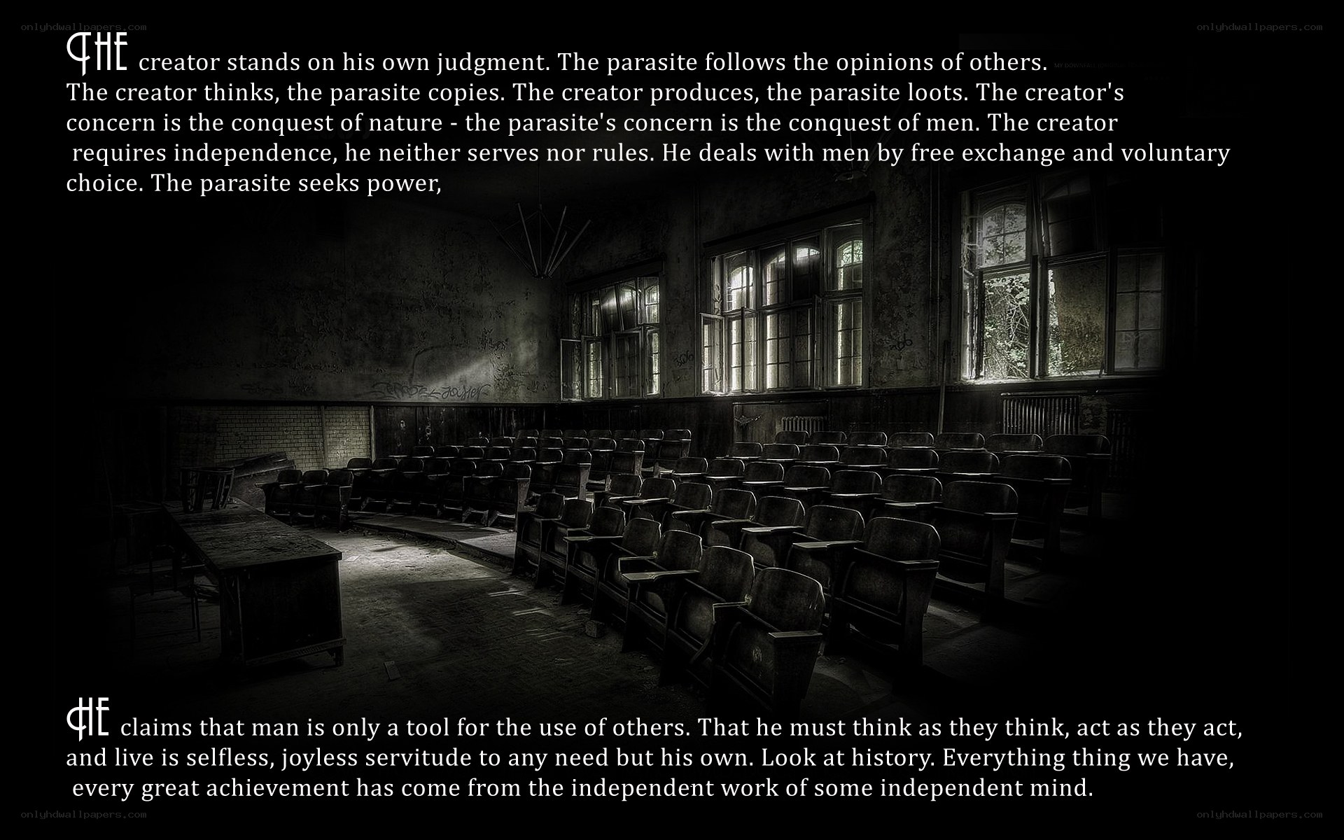 abandoned classroom with text