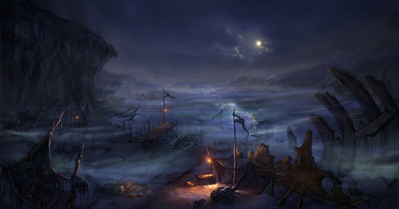 abandoned coastal village at night