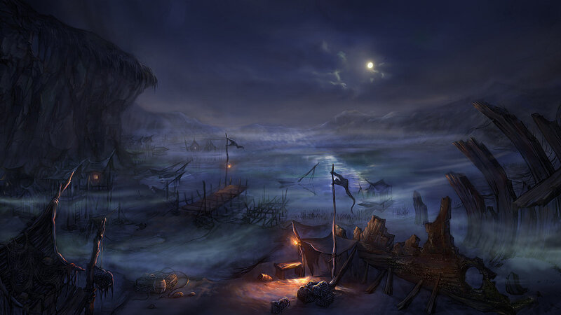 abandoned coastal village at night