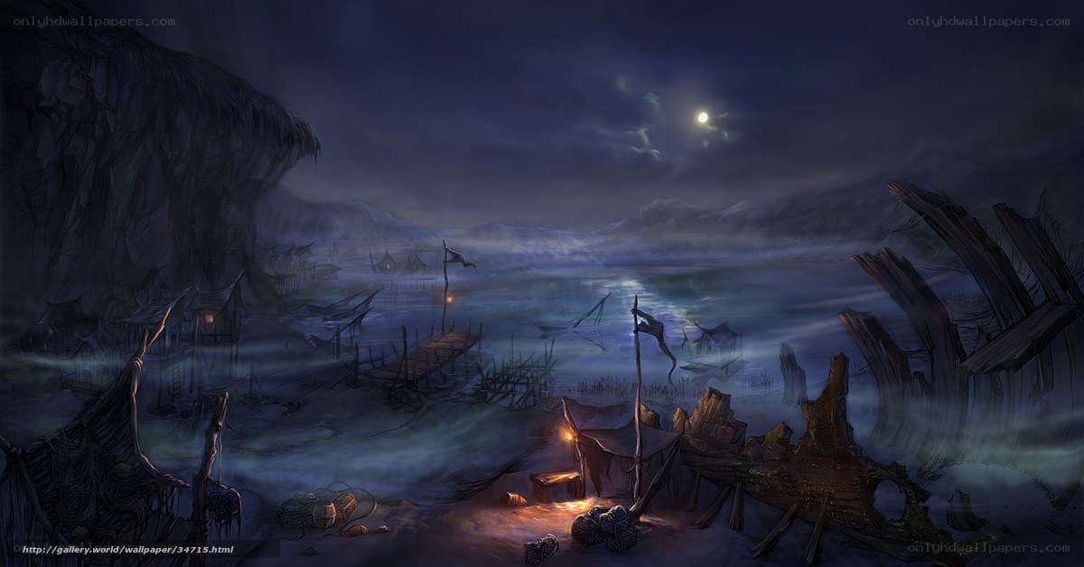 Abandoned coastal village at night