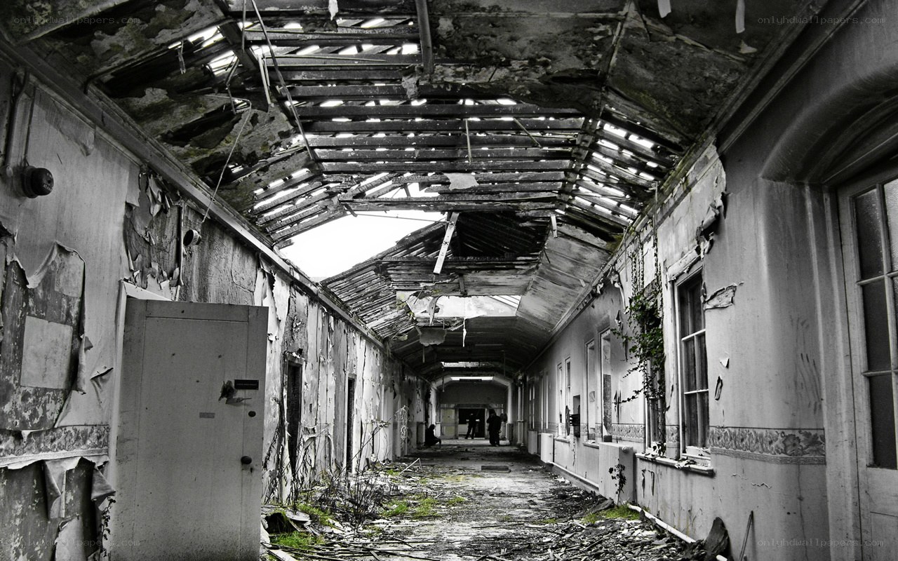 abandoned corridor with collapsed ceiling