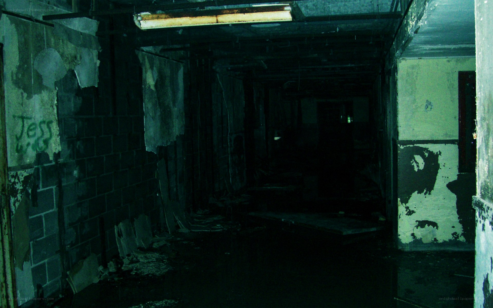 abandoned corridor with graffiti