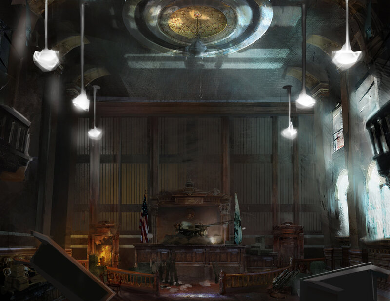 Abandoned courtroom with tank