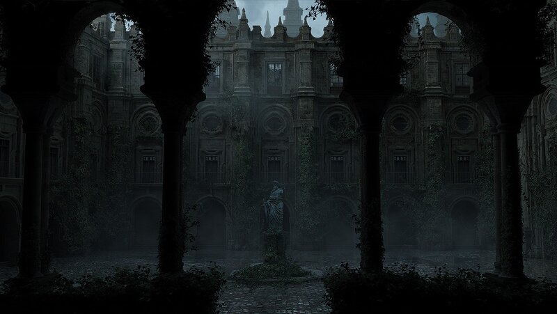 abandoned courtyard at dusk