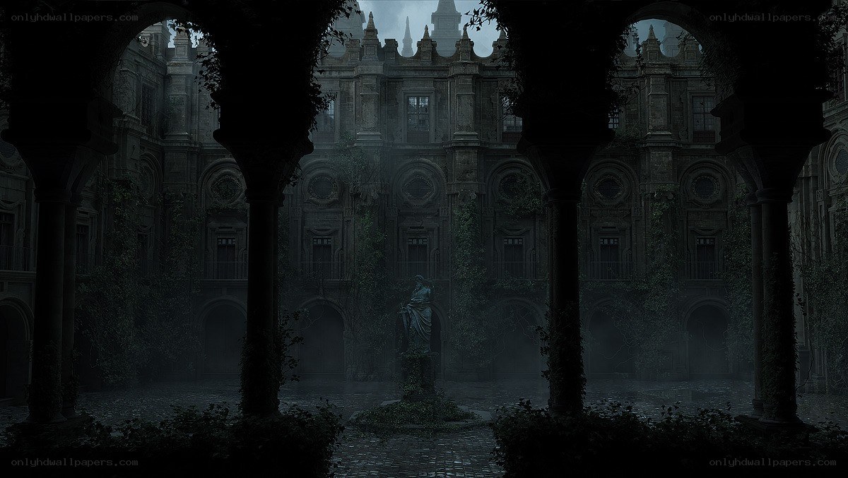 abandoned courtyard at dusk