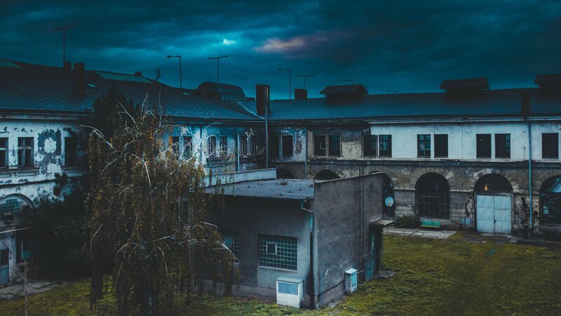 abandoned courtyard at dusk