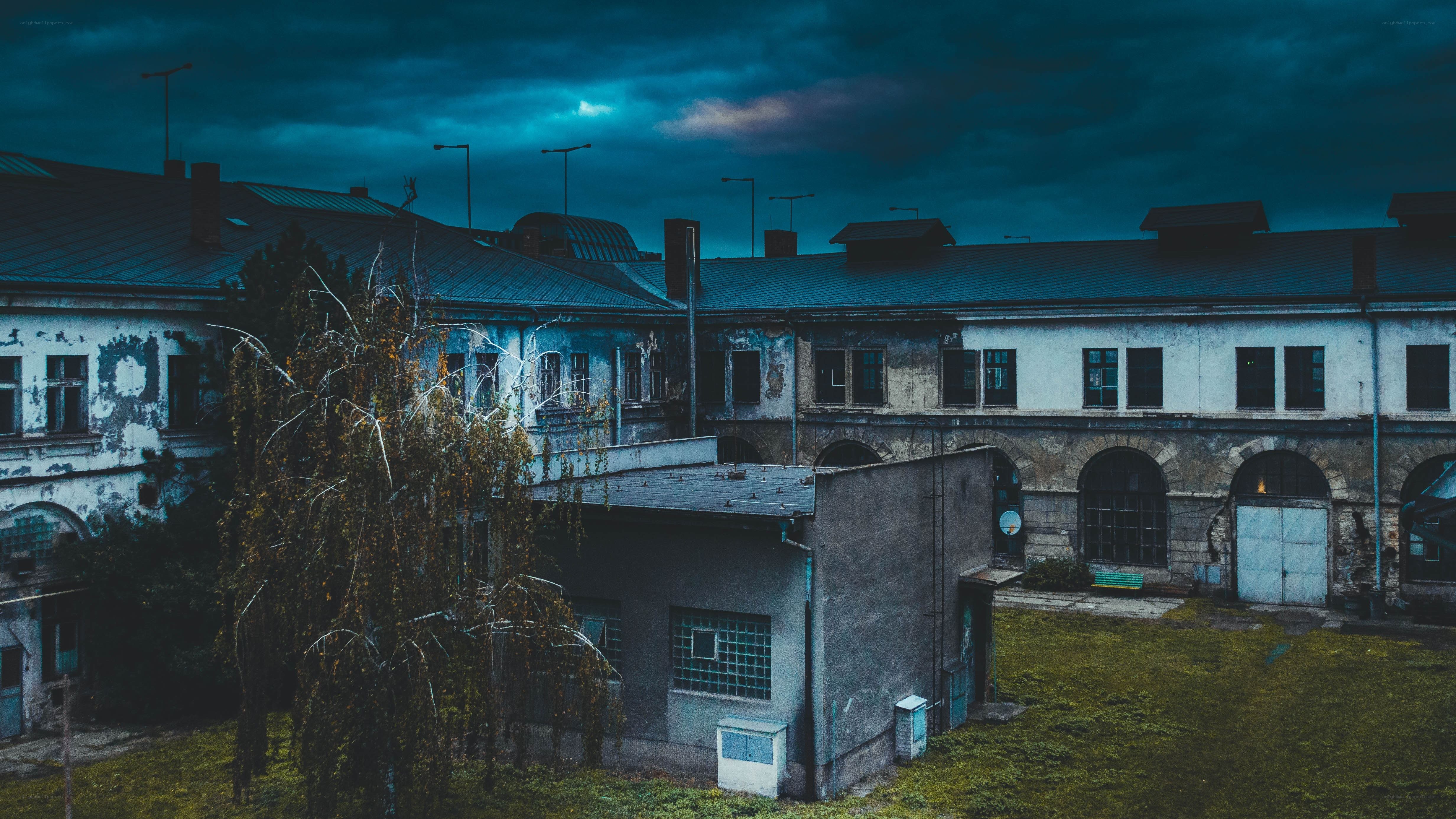 abandoned courtyard at dusk