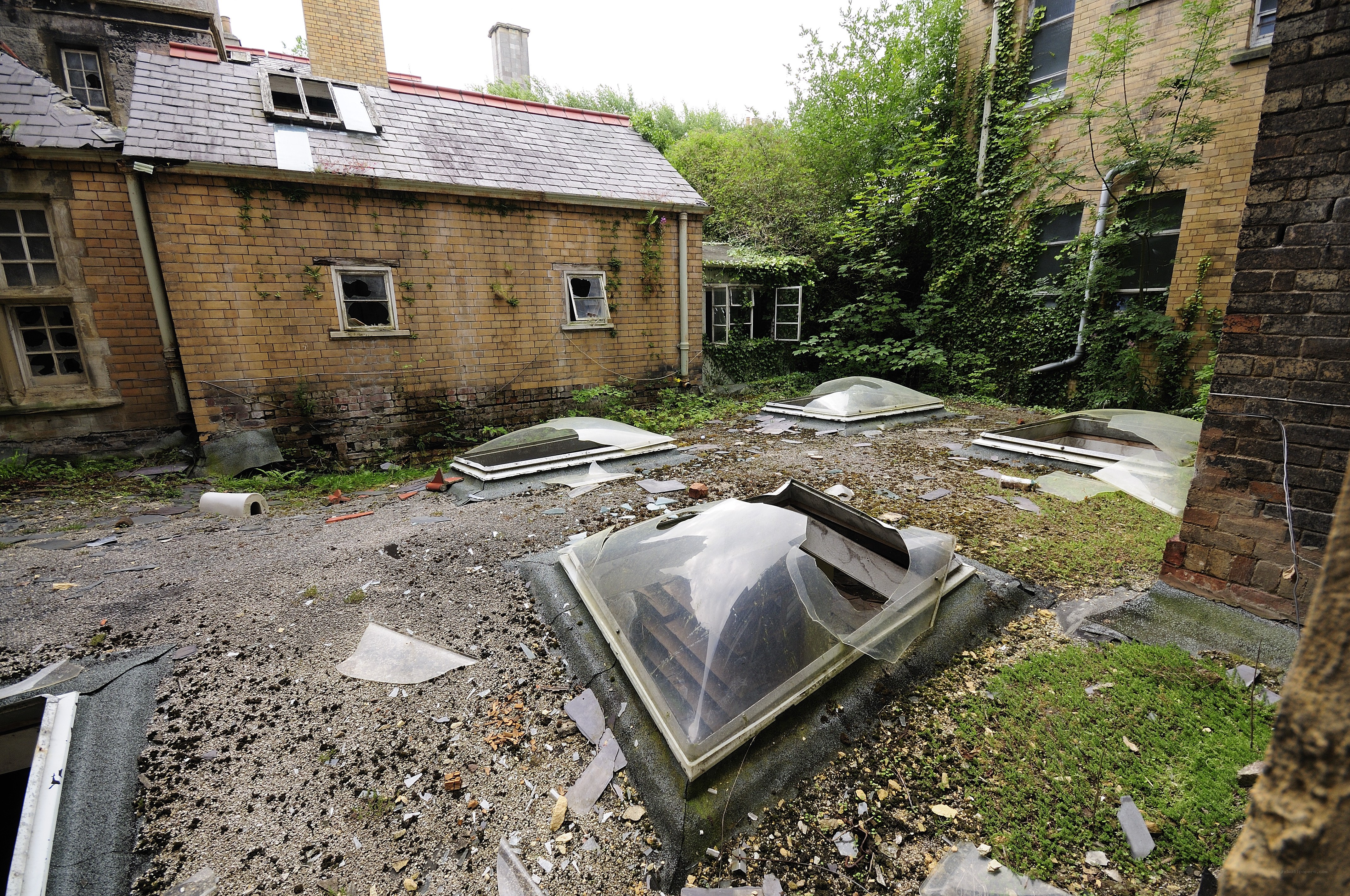 Abandoned courtyard with skylights
