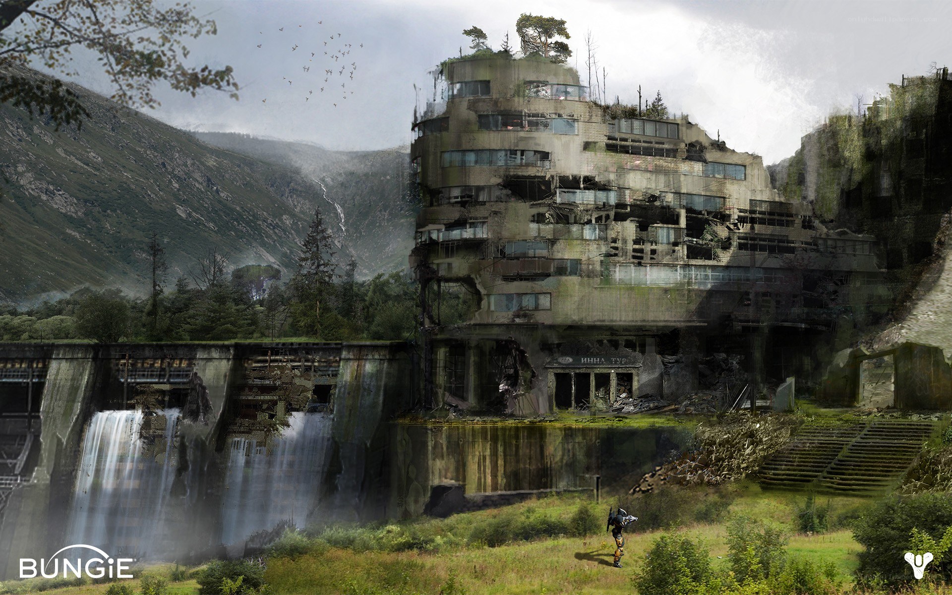 Abandoned dam and building
