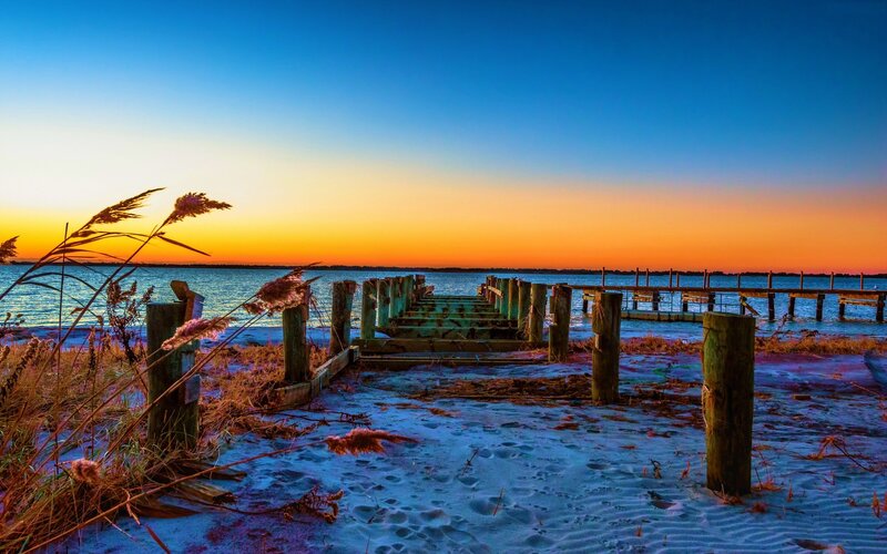 Abandoned Dock at Sunset — Blue, Serene