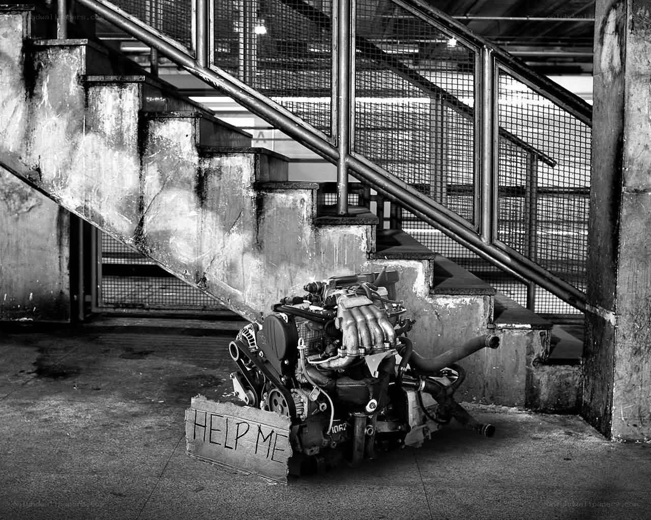 Abandoned engine under stairs