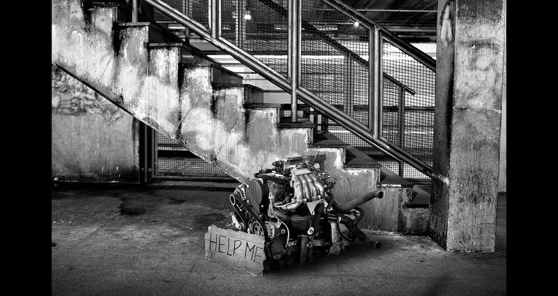 Abandoned engine under stairs