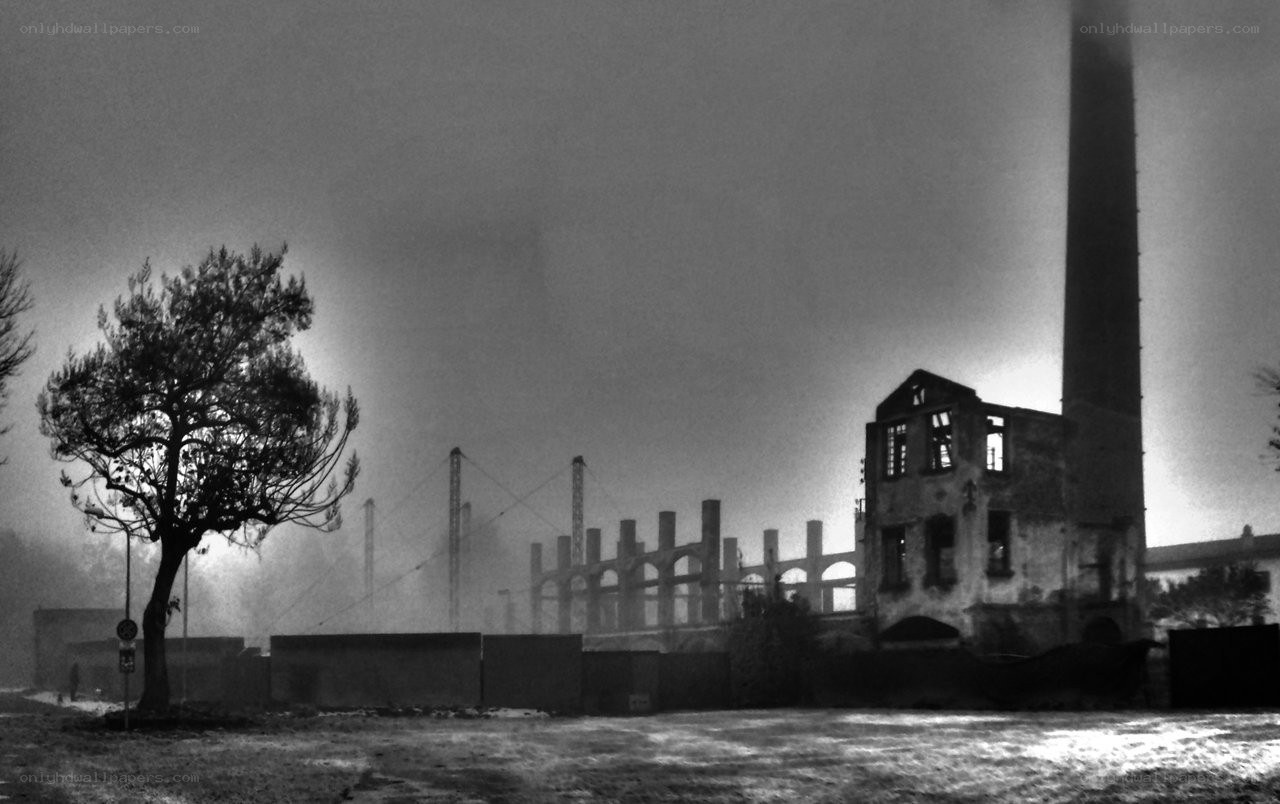 Abandoned factory at dusk