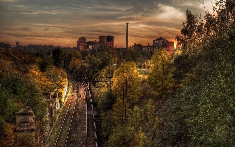 Abandoned factory at sunset