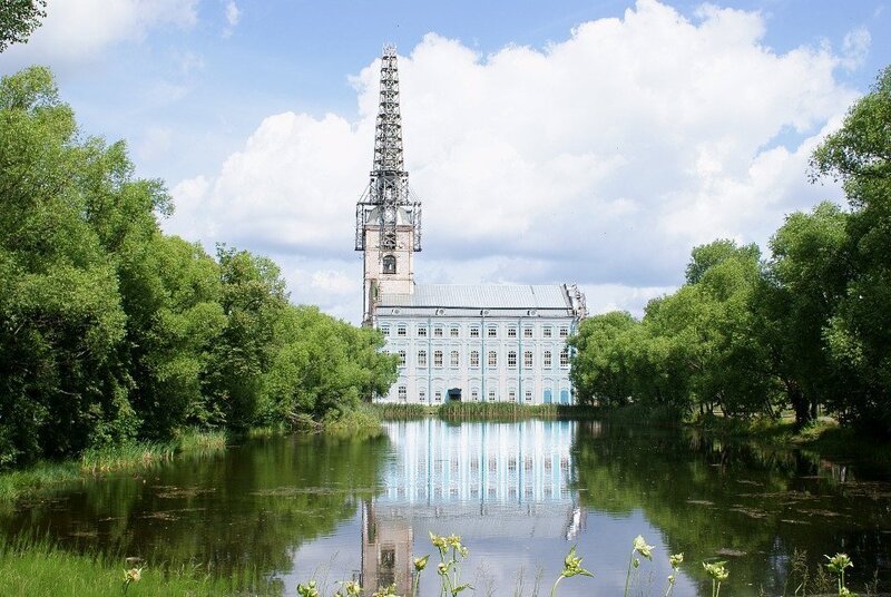Abandoned factory by a lake