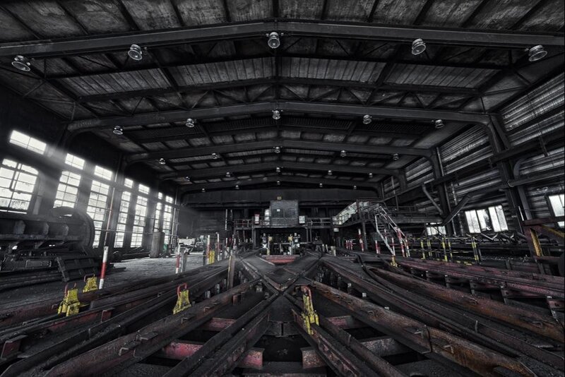 Abandoned Factory Interior — Black, Dramatic, Photograph, Rail Tracks