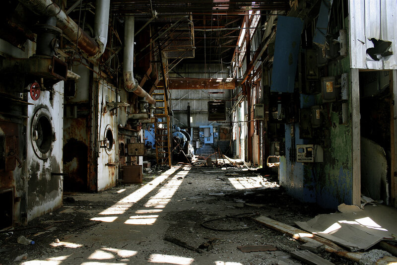 Abandoned Factory Interior — Gray, Desolate, Afternoon