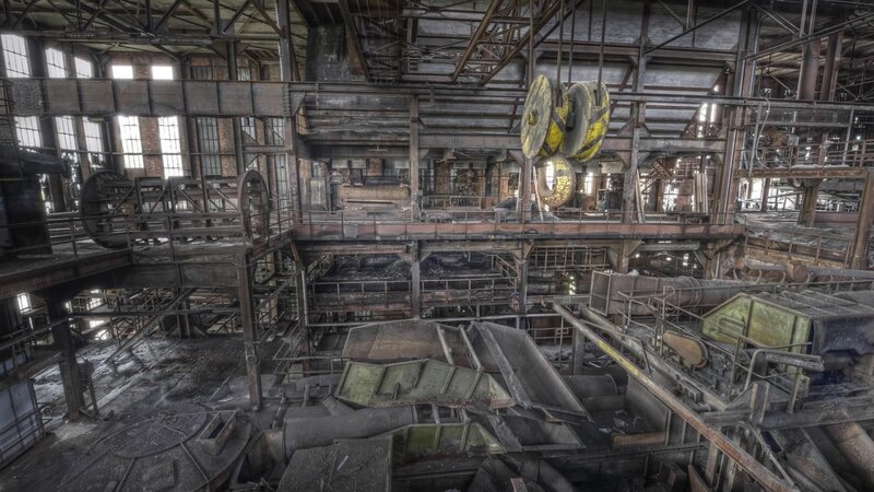 Abandoned Factory Interior — Gray, Desolate, Photograph, Cranes, Conveyor Belts