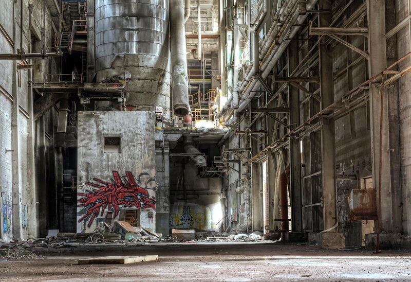 Abandoned Factory Interior — Gray, Desolate, Photograph, Graffiti