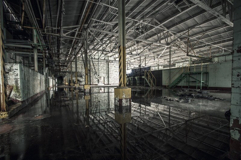 Abandoned Factory Interior — Gray, Desolate, Photograph