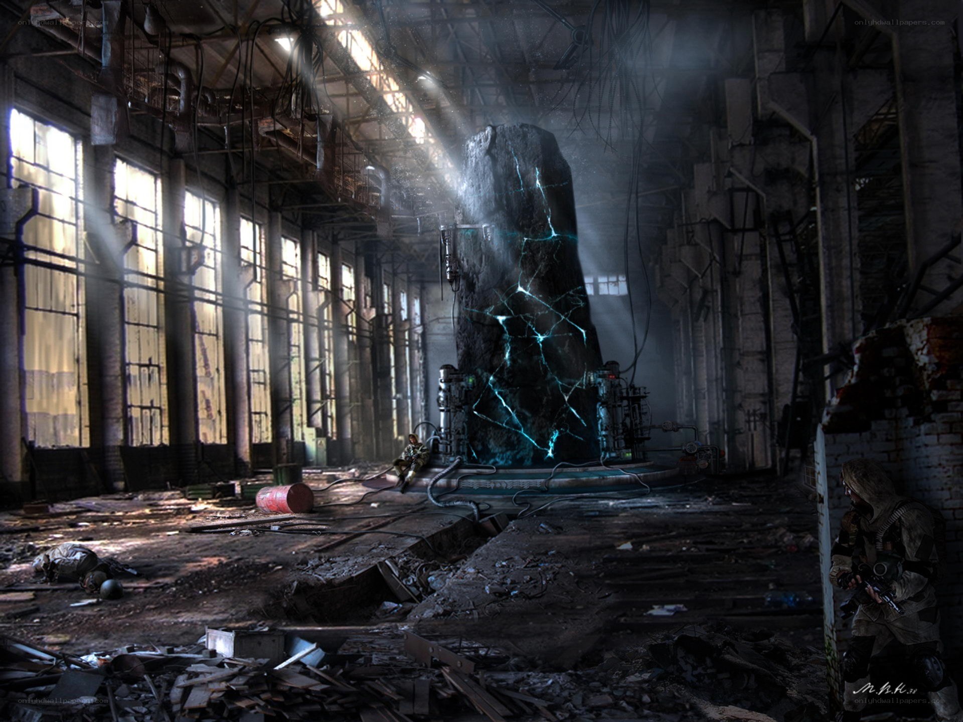 Abandoned factory with glowing artifact