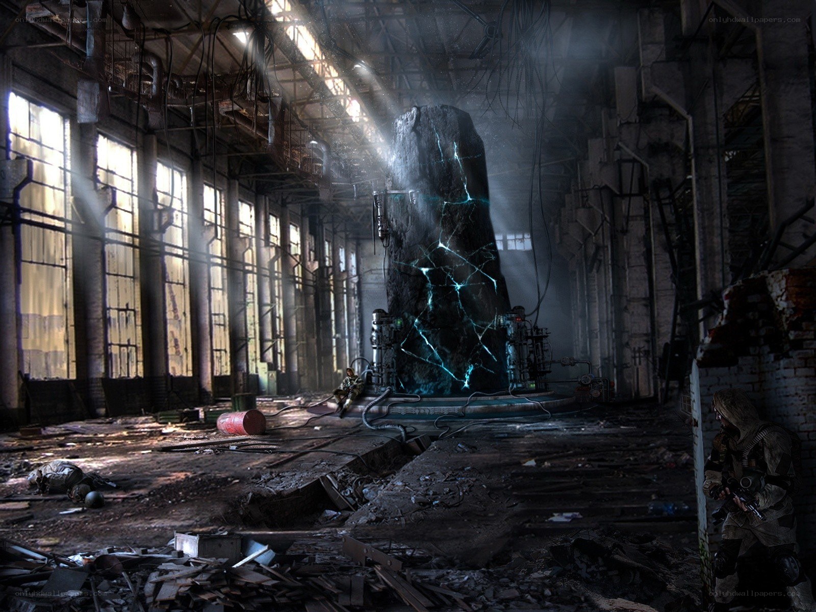 Abandoned factory with glowing artifact