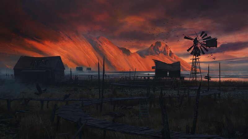 Abandoned Farm at Sunset — Orange, Dramatic, Digital Art
