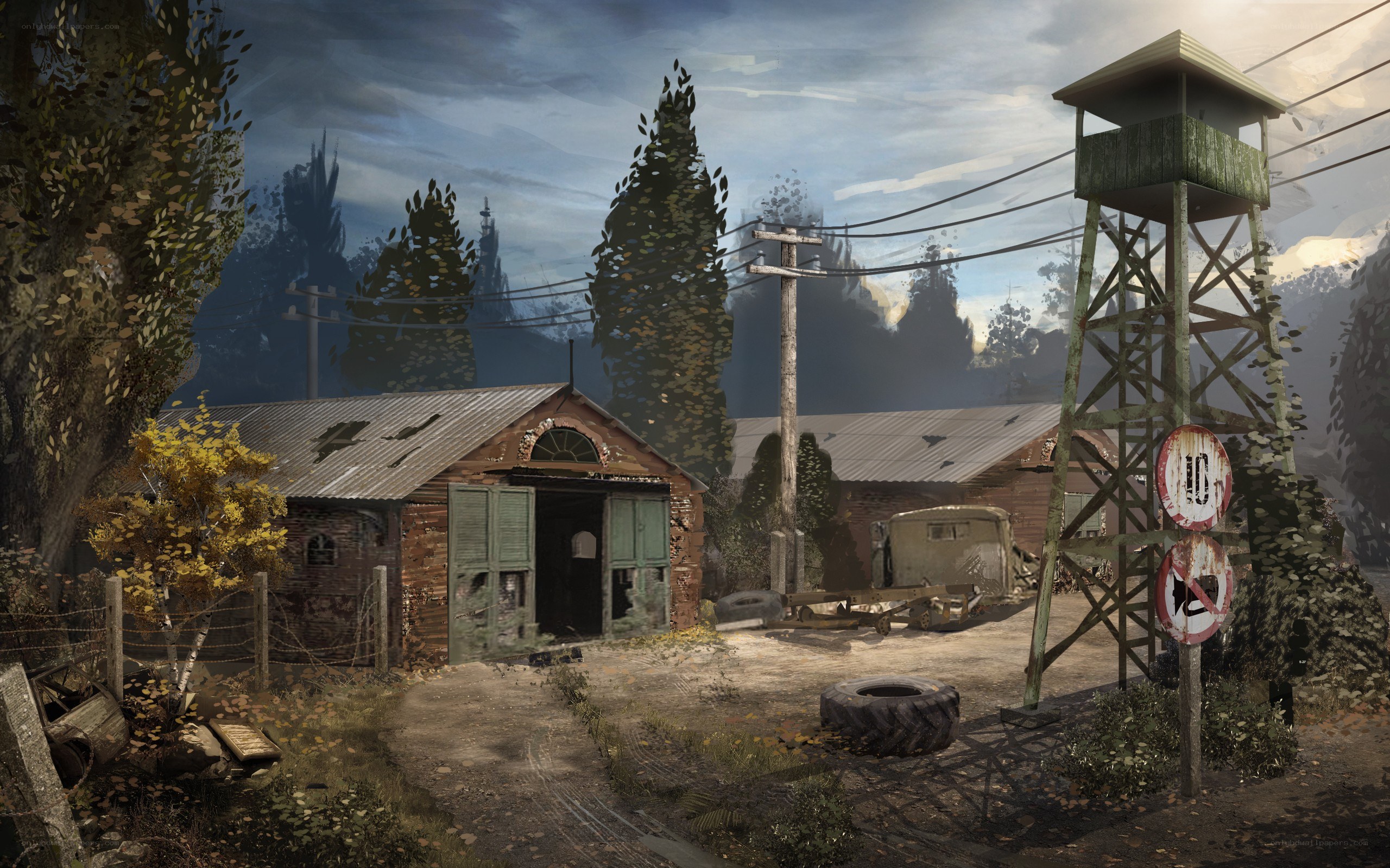 abandoned farm with watchtower