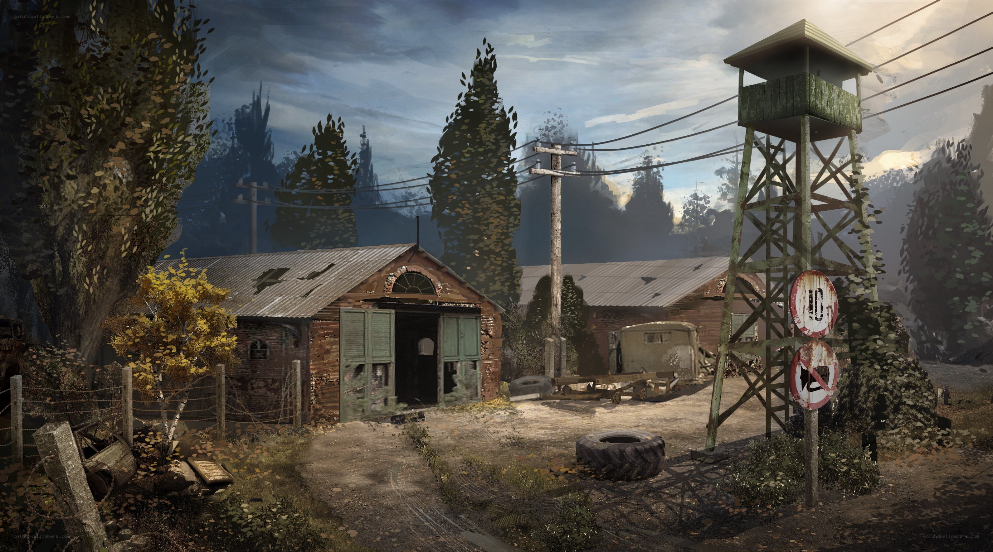 abandoned farm with watchtower
