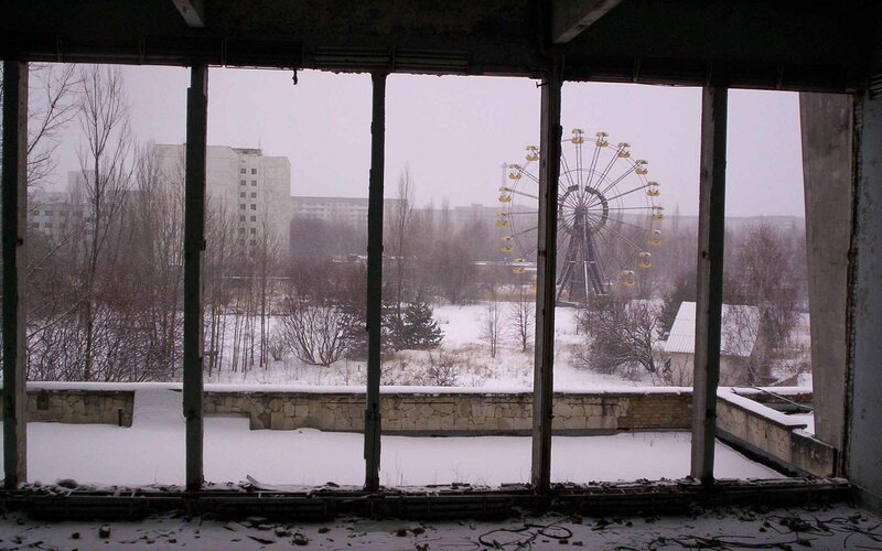 Abandoned Ferris Wheel — White, Desolate, Winter, Photograph