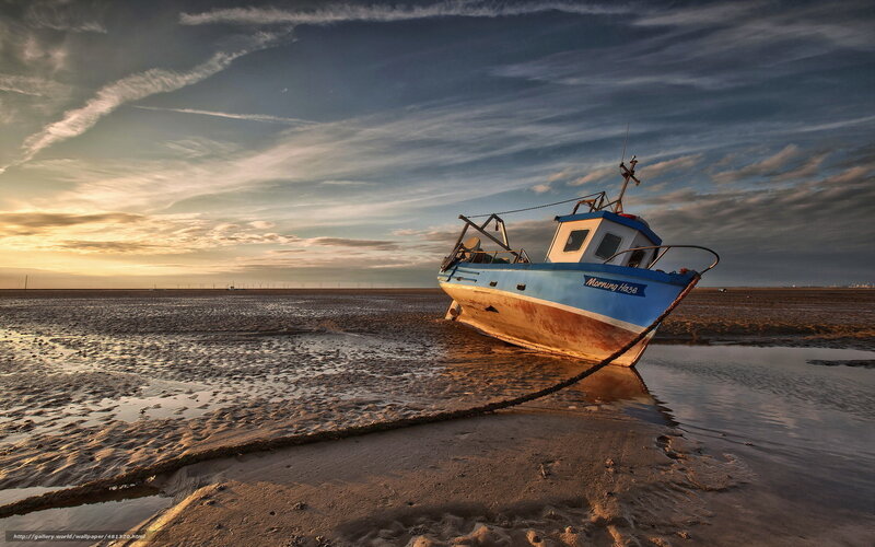 Abandoned Fishing Boat — Blue, Dramatic, Sunset, Photograph