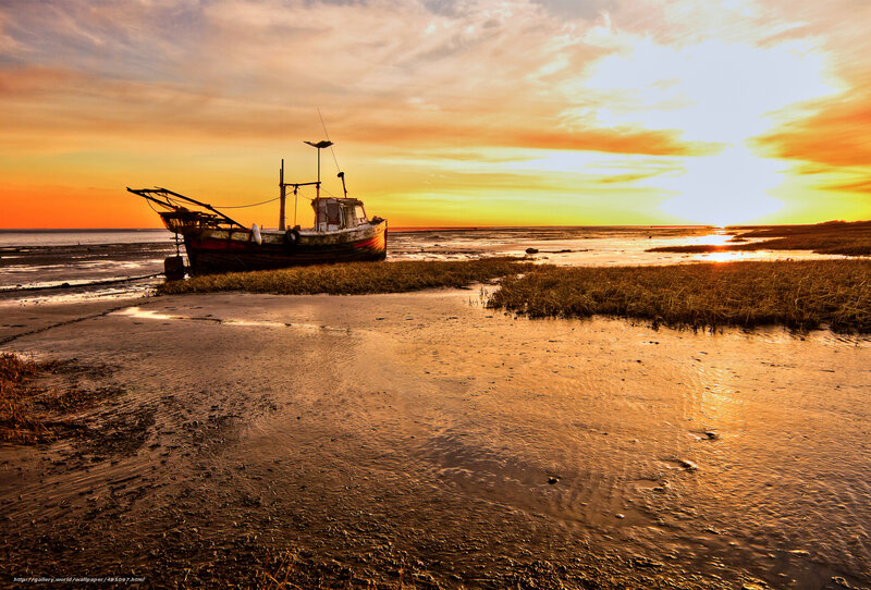 Abandoned Fishing Boat — Orange, Dramatic, Sunset, Photograph