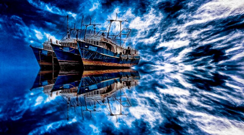 Abandoned Fishing Boats — Blue, Dramatic, Digital Art