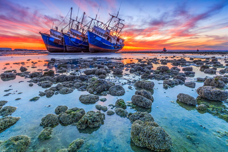 Abandoned Fishing Boats — Blue, Dramatic, Sunset, Photograph