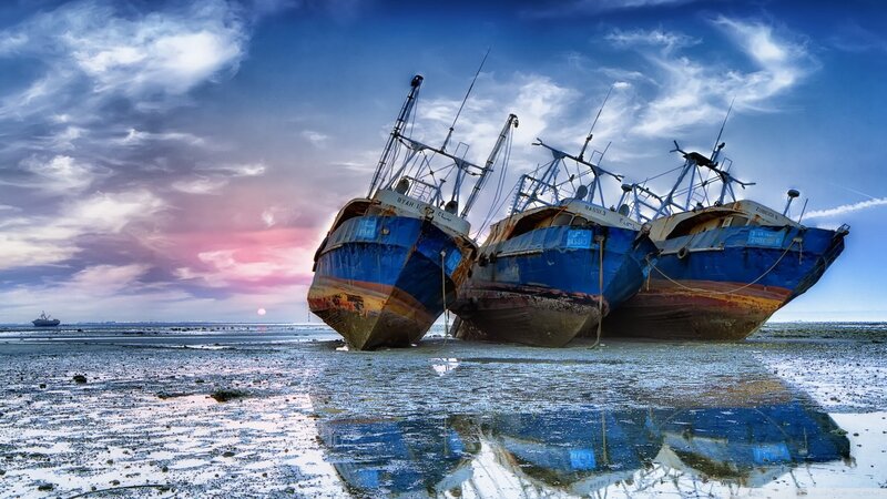 Abandoned Fishing Boats — Blue, Dramatic, Sunset