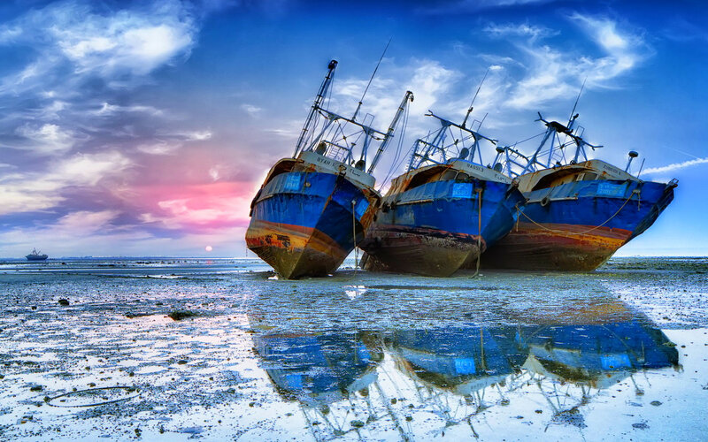 Abandoned Fishing Boats — Blue, Dramatic