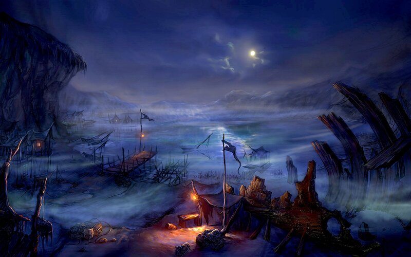 Abandoned Fishing Village — Blue, Dramatic, Night