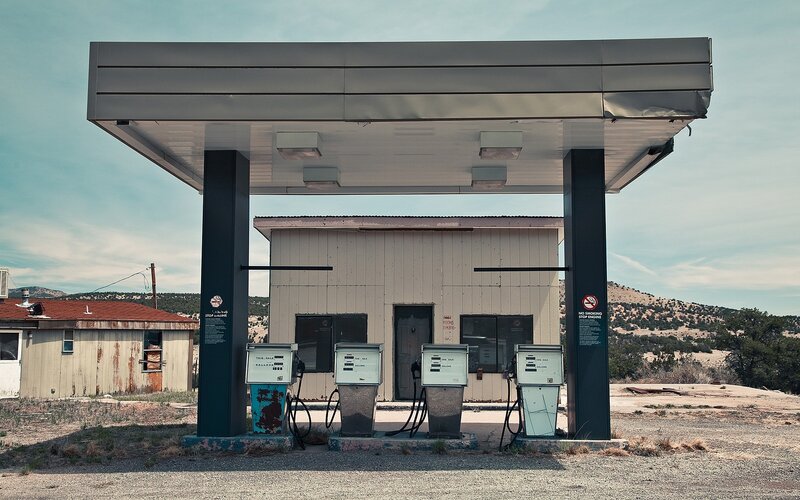 abandoned gas station in desert