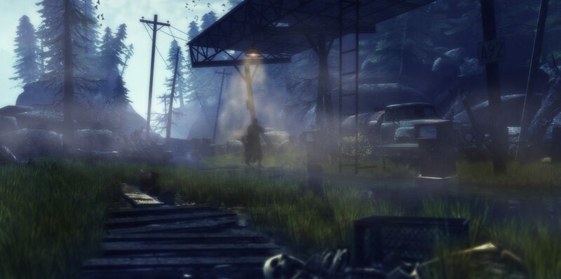 abandoned gas station in forest