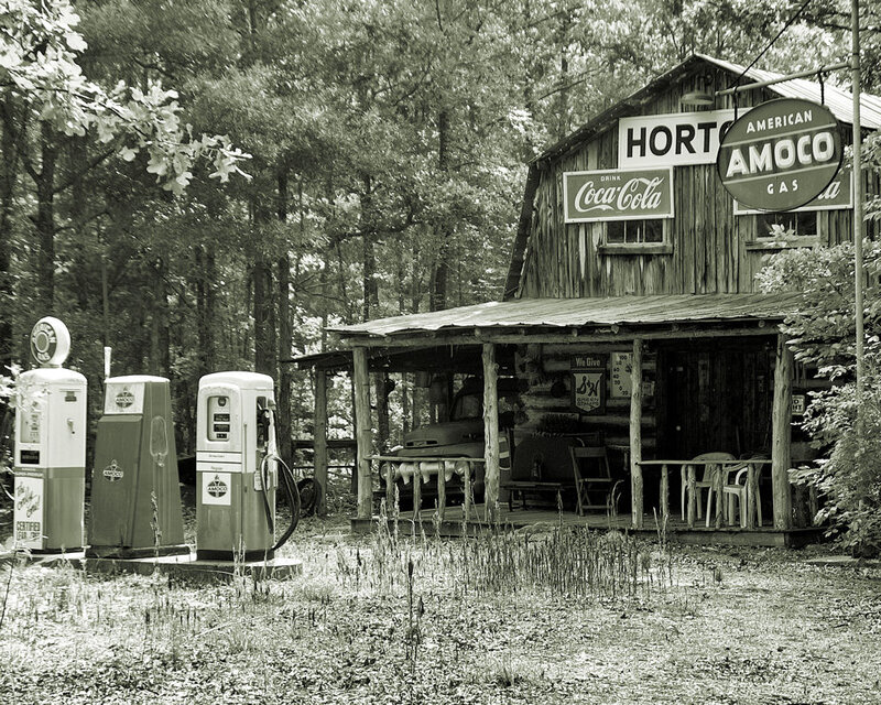 Abandoned gas station in the woods