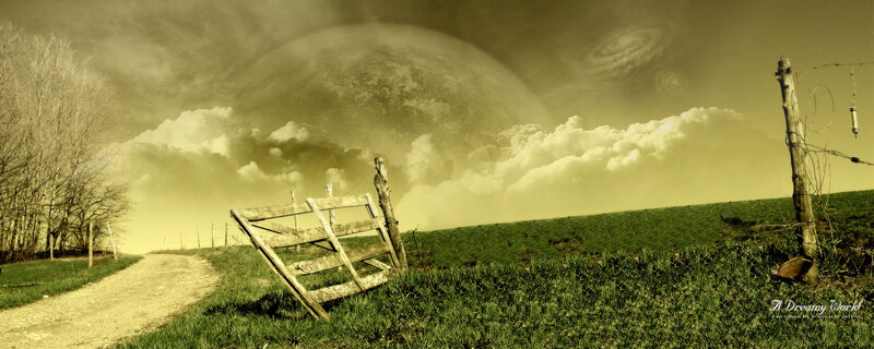 Abandoned Gate in Field — Green, Dramatic, Digital Art
