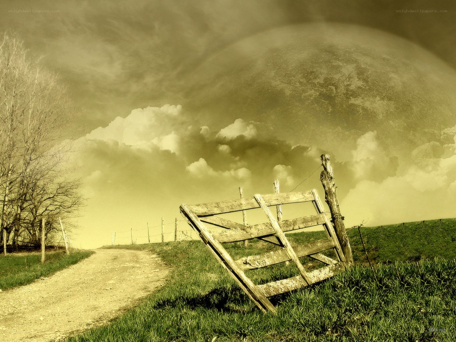 Abandoned gate under cloudy sky