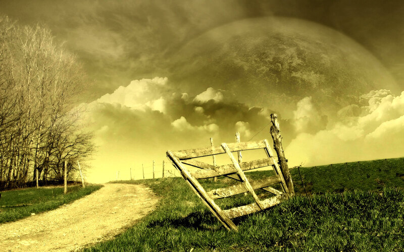 Abandoned gate under giant moon