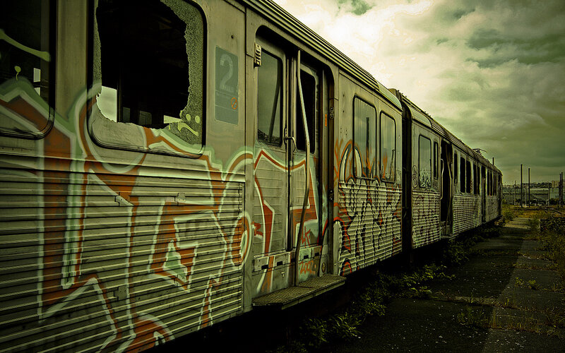 abandoned graffiti-covered train