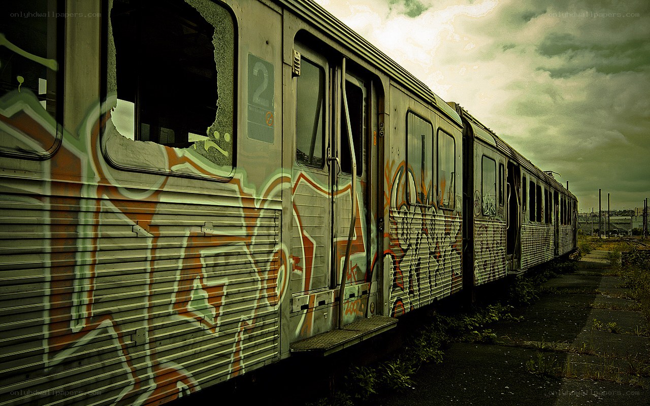 abandoned graffiti-covered train
